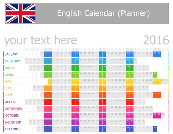 2016 İngilizce planlayıcısı takvim ile yatay ay