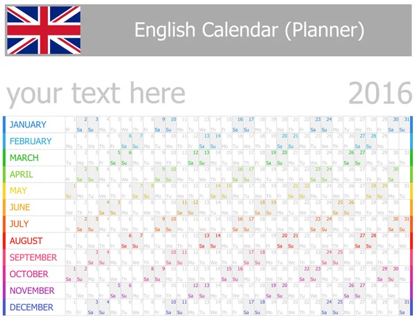 2016 angielski kalendarz Planner-2 poziomy miesięcy — Wektor stockowy