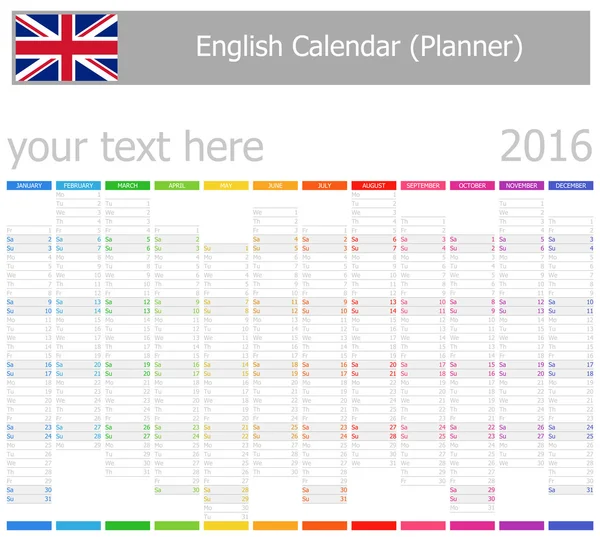 2016 Calendário Inglês Planner-2 com Meses Verticais — Vetor de Stock