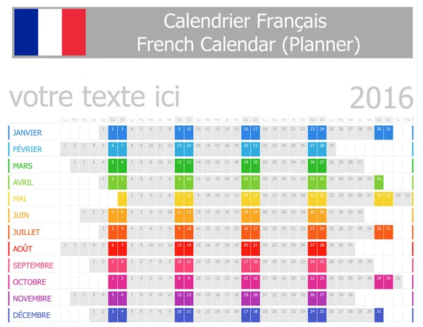 Calendario Planner francese 2016 con mesi orizzontali — Vettoriale Stock