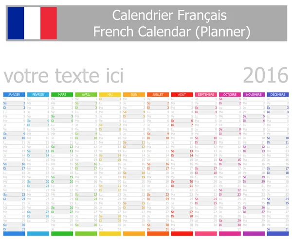 Calendario Planner francese 2016 con mesi verticali — Vettoriale Stock