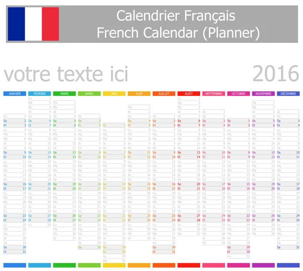 Calendario Planner-2 francese 2016 con mesi verticali — Vettoriale Stock