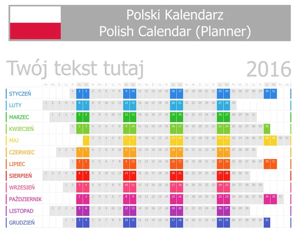 Calendrier des planificateurs polonais 2016 avec mois horizontaux — Image vectorielle