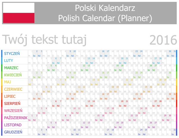 Calendrier 2016 du planificateur polonais-2 avec mois horizontaux — Image vectorielle