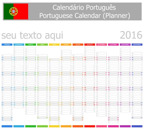 2016 πορτογαλική ημερολόγιο για το σχεδιασμό-2 κάθετες μήνες — Διανυσματικό Αρχείο
