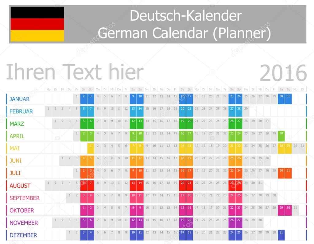 2016 German Planner Calendar with Horizontal Months