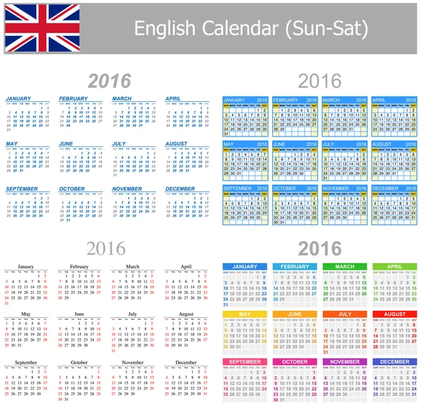 English Mix Calendar Sun-Sat 2016 — стоковый вектор