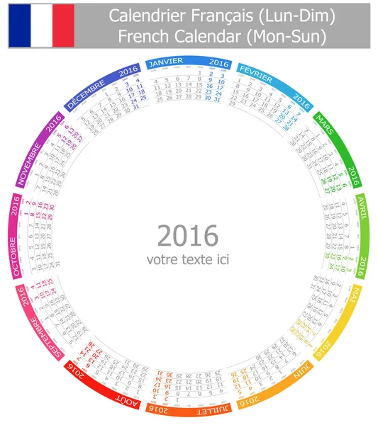 2016 Calendario del Círculo Francés Lun-Sun — Archivo Imágenes Vectoriales