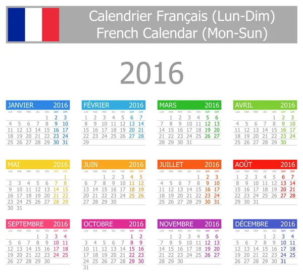 2016 Francese Tipo-1 Calendario Lun-Dom — Vettoriale Stock