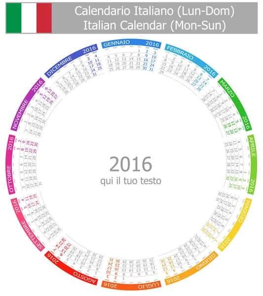 2016 Calendario del Círculo Italiano Lun-Sun — Archivo Imágenes Vectoriales