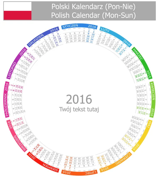Calendrier cercle polonais 2016 Lun-Dim — Image vectorielle