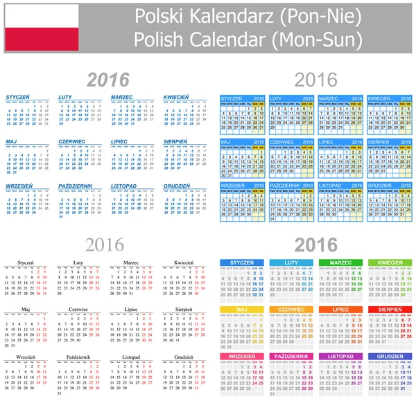 2016 πολωνική μίγμα ημερολόγιο Δευτ-Κυρ — Διανυσματικό Αρχείο