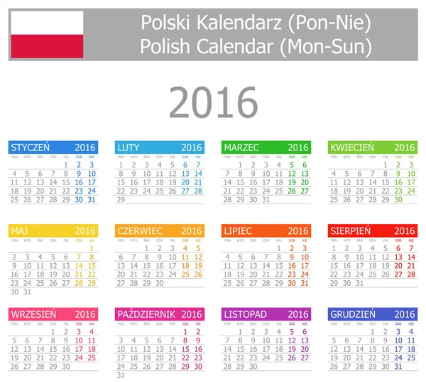 Calendrier polonais Type-1 2016 Lun-Dim — Image vectorielle