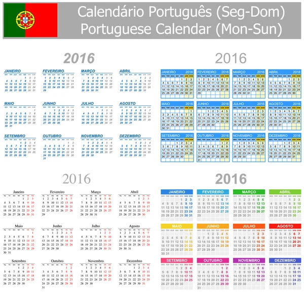 Calendario mix portoghese 2016 lun-dom — Vettoriale Stock