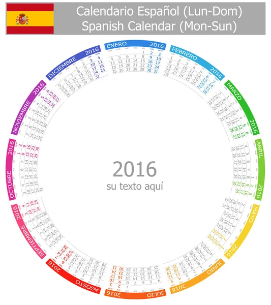 2016 Spanish Circle Calendar Mon-Sun — Stock Vector