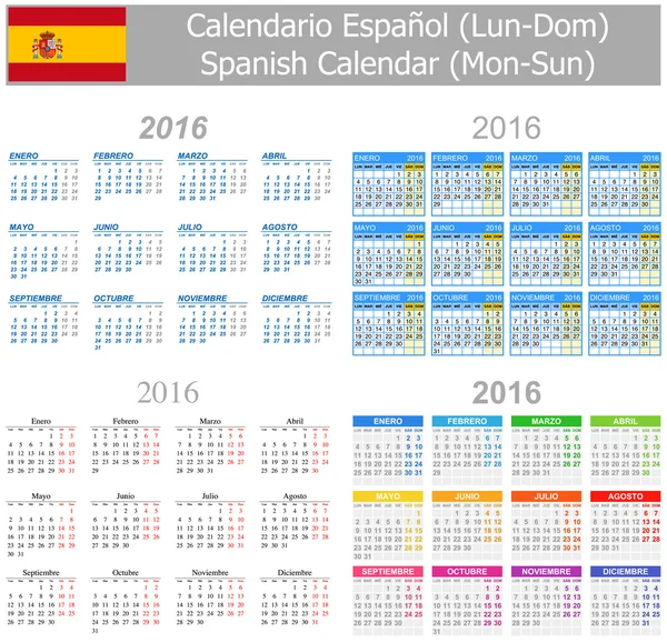 2016 Spanish Mix Calendar Mon-Sun — Stock Vector