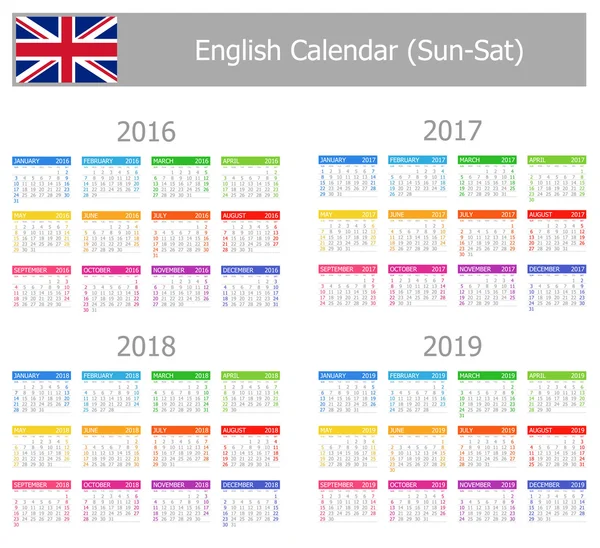 2016 - 2019 typ-1 engelska kalender lör-sön — Stock vektor