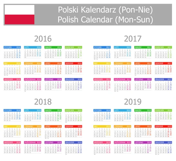 2016 - 2019 typu 1 polský kalendář Mon-Sun — Stockový vektor