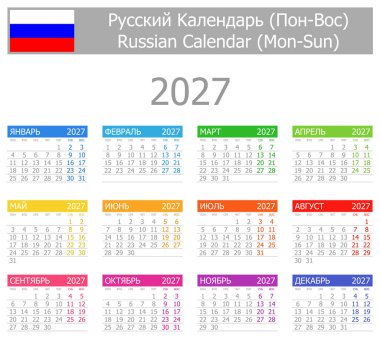 Beyaz arkaplanda 2027 Rus Tip-1 Takvimi Mon-Sun