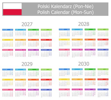 2027-2030 Polonya Tip-1 Takvimi Beyaz zemin üzerinde Mon-Sun