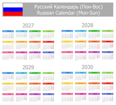2027-2030 Rus Tip-1 Takvimi Beyaz zemin üzerinde Mon-Sun