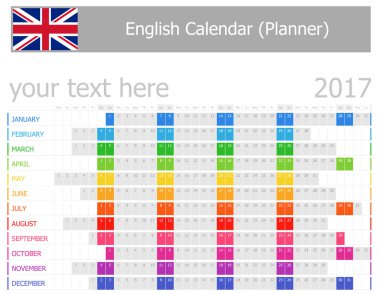 2017 İngilizce planlayıcısı takvim ile yatay ay