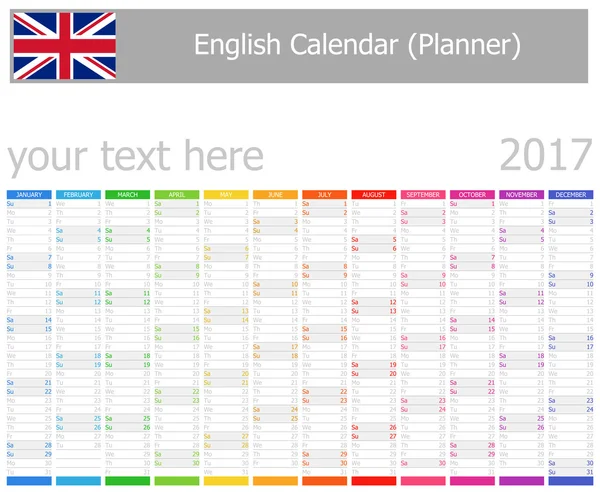 Календарь английского планировщика 2017 с вертикальными месяцами — стоковый вектор