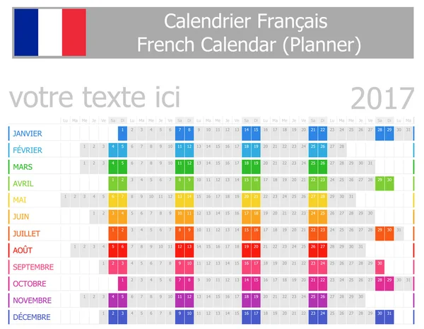 Calendario Planner francese 2017 con mesi orizzontali — Vettoriale Stock