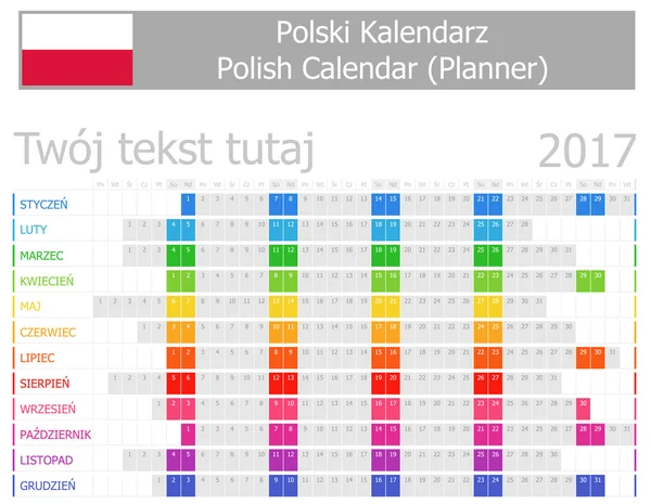 Calendrier des planificateurs polonais 2017 avec mois horizontaux — Image vectorielle