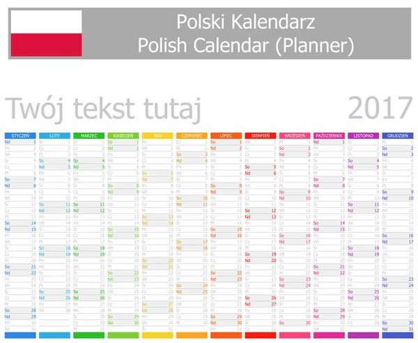 Calendrier des planificateurs polonais 2017 avec mois verticaux — Image vectorielle