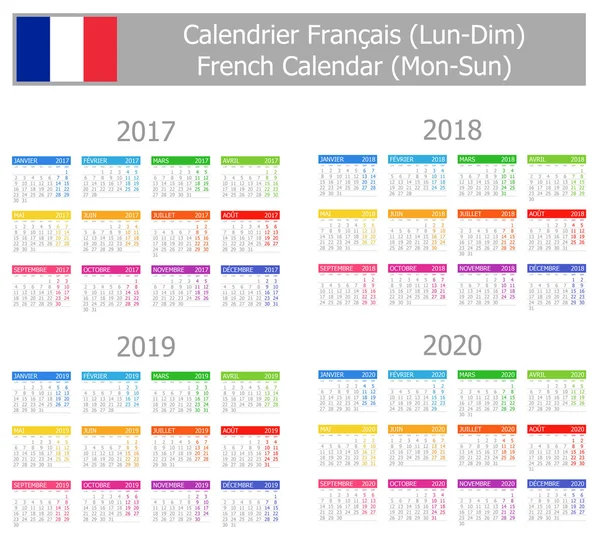 2017-2020 Francés Tipo-1 Calendario Lun-Dom — Archivo Imágenes Vectoriales