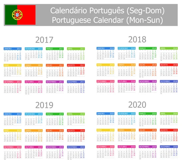 2017-2020 Calendário Português Tipo-1 Seg-Dom — Vetor de Stock