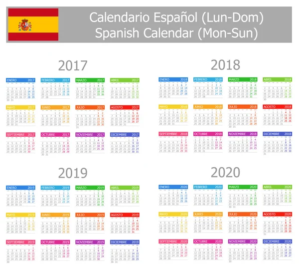 2017-2020 Espanhol Tipo-1 Calendário Mon-Sun — Vetor de Stock