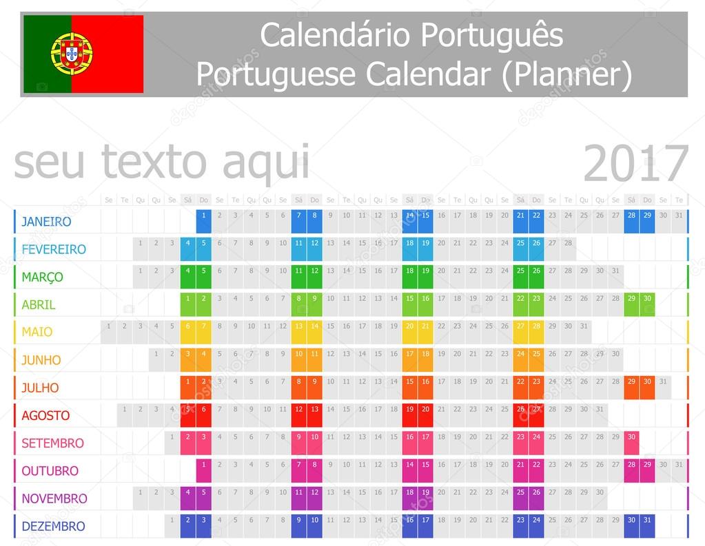 2017 Portuguese Planner Calendar with Horizontal Months
