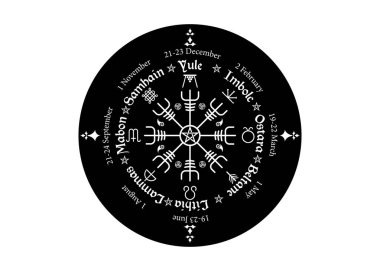 Wheel of the Year is an annual cycle of seasonal festivals, observed by many modern Pagans. Wiccan calendar and holidays. Norse Vegvisir Compass and pentagram symbol, names in Celtic of the Solstices clipart