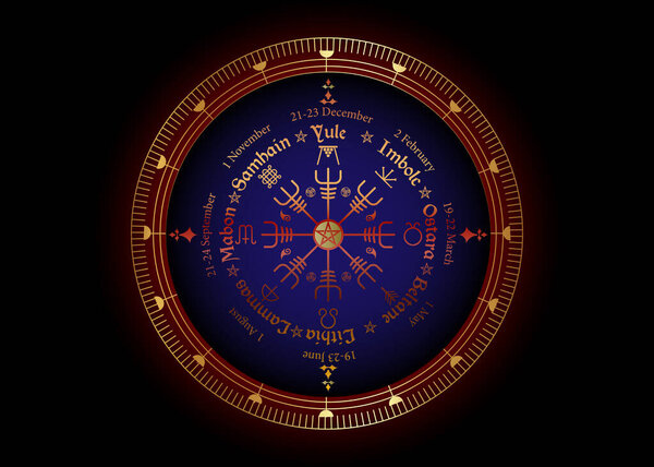 Wheel of the Year is an annual cycle of seasonal festivals, observed by many modern Pagans. Wiccan calendar and holidays. Norse Vegvisir Compass and pentagram symbol, names in Celtic of the Solstices