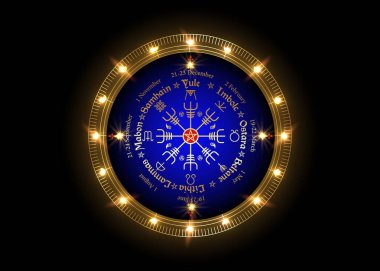 Wheel of the Year is an annual cycle of seasonal festivals, observed by many modern Pagans. Wiccan calendar and holidays. Norse Vegvisir Compass and pentagram symbol, names in Celtic of the Solstices clipart
