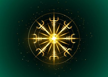 Helm of awe, icelandic magical stave, Gold round Vegvisir runic compass. Viking symbols for the purpose of protection from disease. Old Sacred Norse golden fire sign vector isolated on dark green clipart