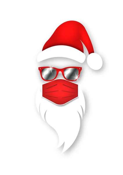 サンタクロースのヘッドラベルは 外科用マスクコンセプト 赤い帽子 サングラスをかけた白いひげを身に着けています 紙のカットスタイル メリークリスマスサンタクロースのロゴデザインコロナウイルス保護 白に隔離されたベクトル — ストックベクタ
