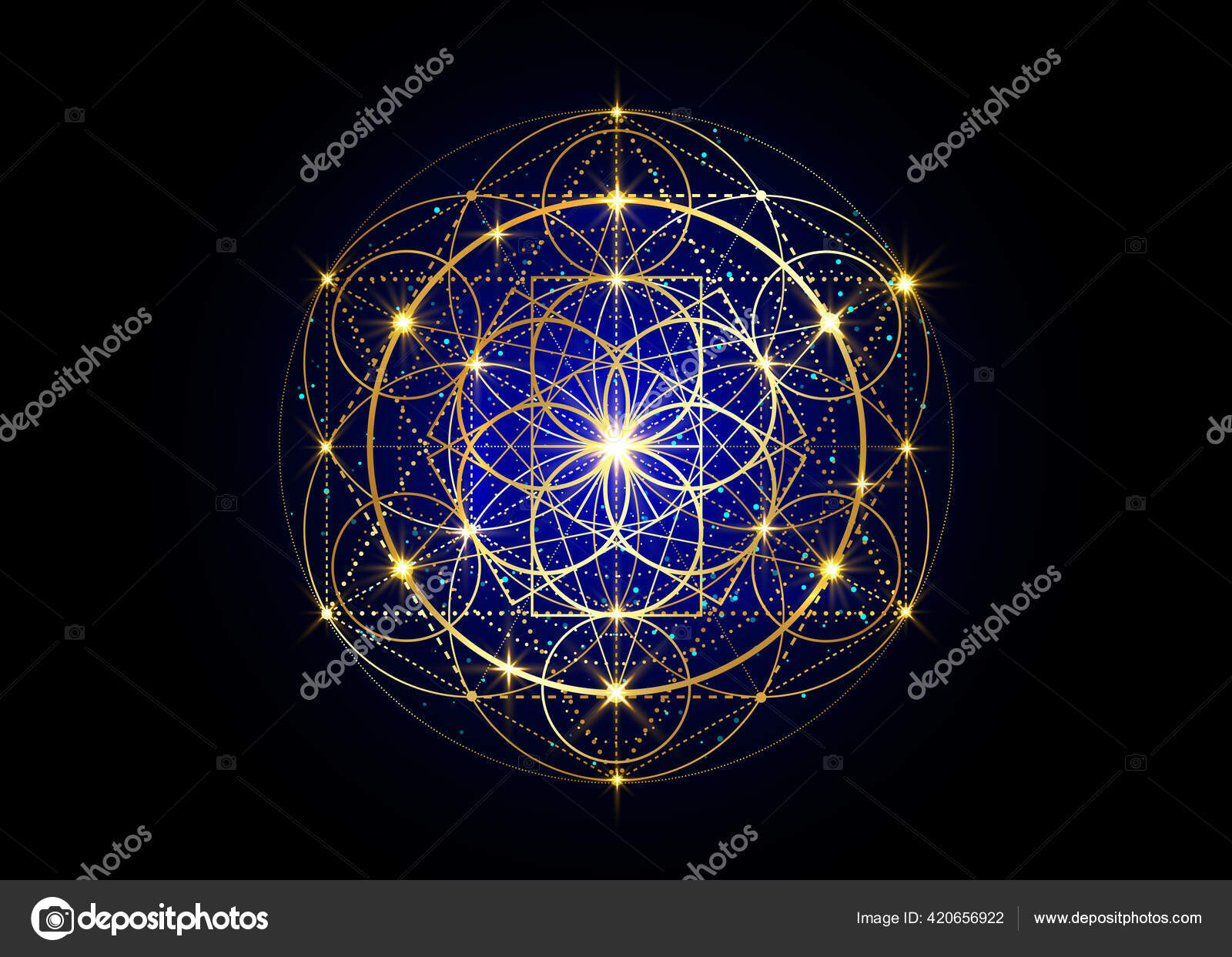 生命的种子符号神圣的几何炼金术深奥的生命之花的几何神秘曼陀罗金色豪华设计矢量神修护身符深蓝色背景隔离图库矢量图©robin_ph 420656922, image size:1600x1243