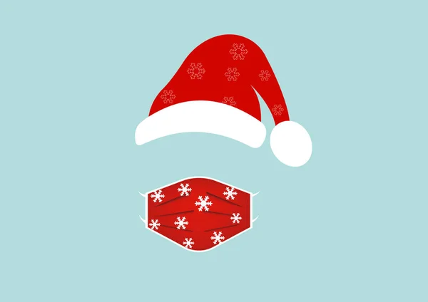 外科用マスクと赤い帽子をかぶったサンタクロースの頭ラベル メリークリスマス サンタクロースのロゴデザインコロナウイルス保護のための医療用マスクを着用し 青い背景に隔離されたベクトル — ストックベクタ