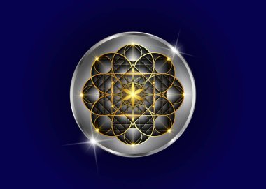 Yaşam sembolünün altın tohumu Kutsal Geometri. Lüks Logo simgesi Geometrik Gizemli Hayat Çiçeği mandala 'sı. Mavi arka planda izole edilmiş altın ve gümüş ilahi tılsım vektörü. 