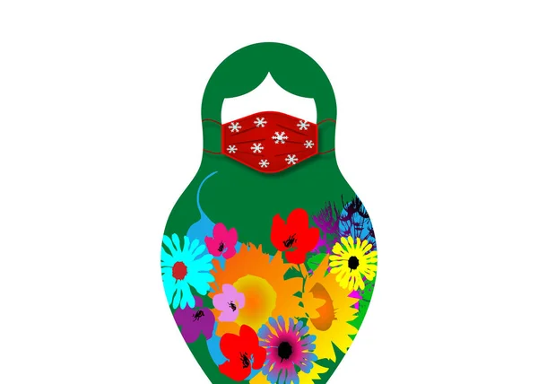 Muñeca Navidad Matryoshka Con Máscara Quirúrgica Para Protección Del Coronavirus — Vector de stock