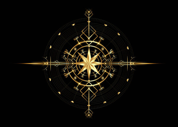 Magic ancient viking art deco, wind rose magic navigation compass ancient. Gold Compass navigation dial, widely used in Viking society. Logo icon Wiccan esoteric sign, golden vector isolated on black