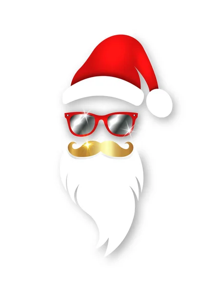 サンタクロースのクリスマスの赤い帽子 白いひげ 金の口ひげとファッションミラーサングラス お祝いのクリスマスパーティーの装飾 白い背景に隔離されたはがきパーティー招待のためのベクトルイラスト — ストックベクタ