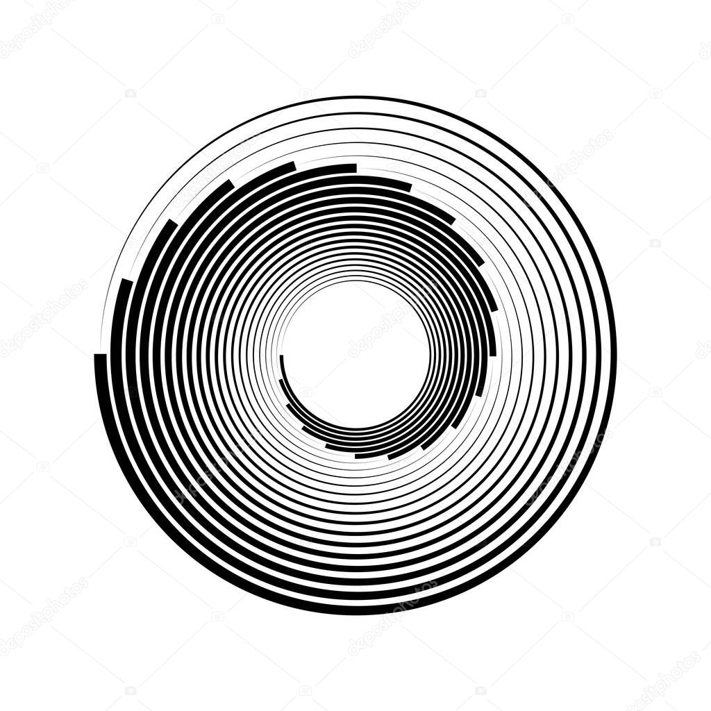 Geometric radial element. Abstract concentric. Monochrome volute, vortex shapes. Twisted helix elements. Rotation, spin and twist concept logo design digital art, vector isolated on white background 