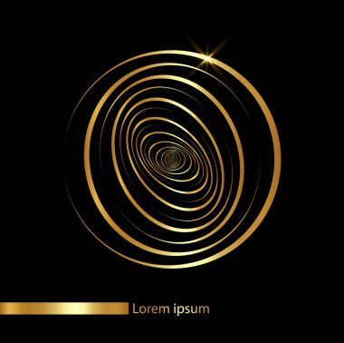 Değişik kıvrımları olan altın grafiksel tasarımlar dairesel formda veya çiçek gibi. Altın Şirket logosu ve göz şekli konsepti. Kablo çerçeve mandala teknolojisi işaret vektörü siyah arkaplan üzerinde izole 