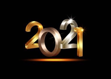 2021 altın, bronz ve gümüş renkli kalın harfler. Yılbaşı tebrik kartı için 3 boyutlu logo. Sancak, davetiye, takvim, parti, altın lüks VIP kartları için izole edilmiş vektör illüstrasyonu