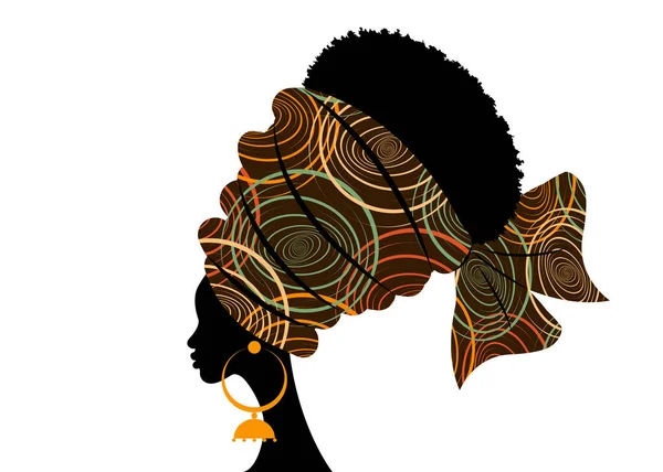 Retrato Hermosa Mujer Africana Turbante Tradicional Motivo Tribal Hecho Mano — Vector de stock