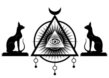 Tüm Gören Göz, üçgen piramidin içindeki üçüncü göz ikonu ve Mısırlı siyah kediler. Kutsal Mason sembolü, simya, din, maneviyat, okültizm. Dövme işareti vektörü izole veya beyaz arkaplan